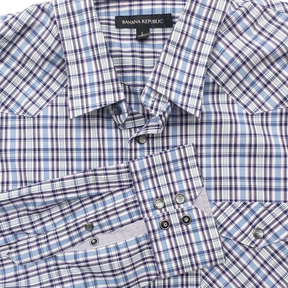 Banana Republic Western Shirt Blue Purple Plaid Pearl Snap Button Down Mens L